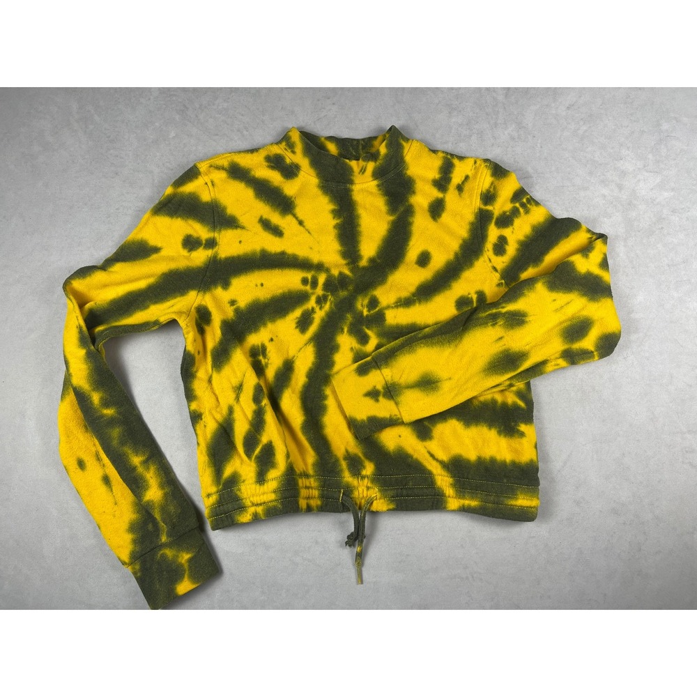 Zine Yellow Black Spiral Tie Dye‎ Cropped Sweatshirt Mock Neck Drawstring Small